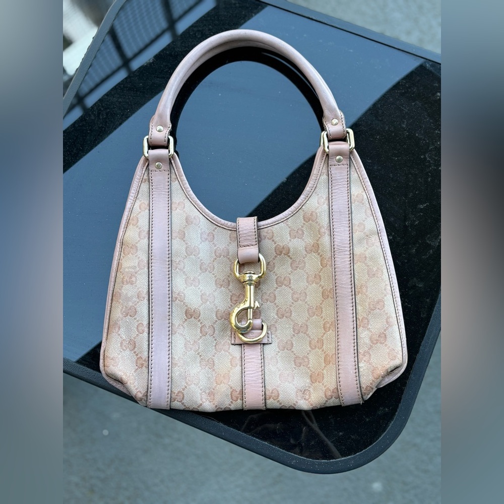 Gucci Jackie Beige/Pink GG Coated Canvas Shoulder Bag with Pink Leather Trim - Picture 4 of 15
